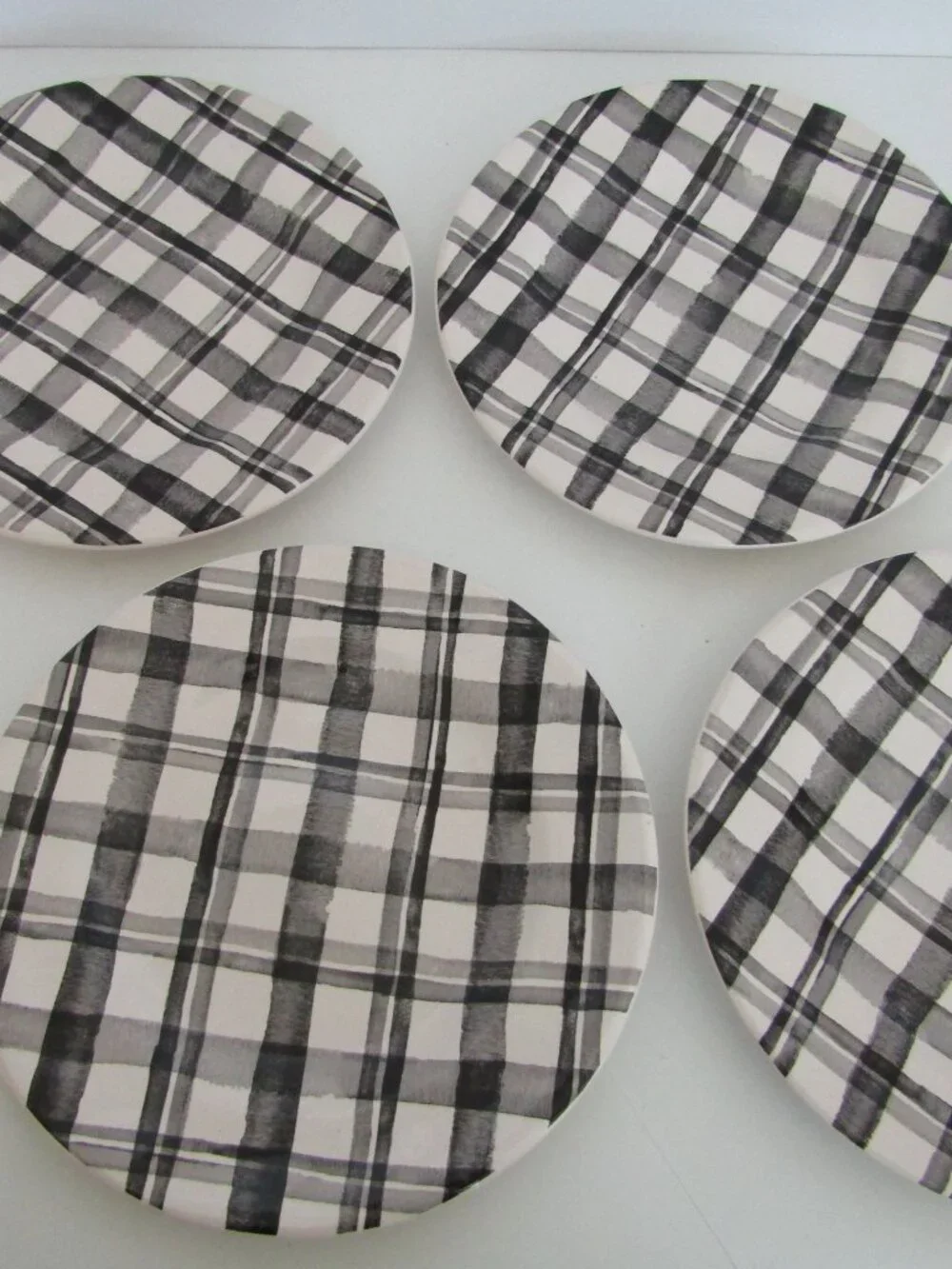 Pier 1 Ironstone plates , Black/Gray/White Plaid, Round Shiny, MW/DS Safe, 8.5